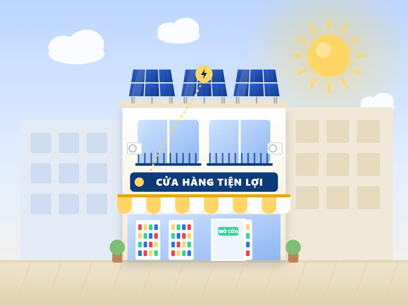 Minh họa điện mặt trời: Cửa hàng hoạt động cả ngày